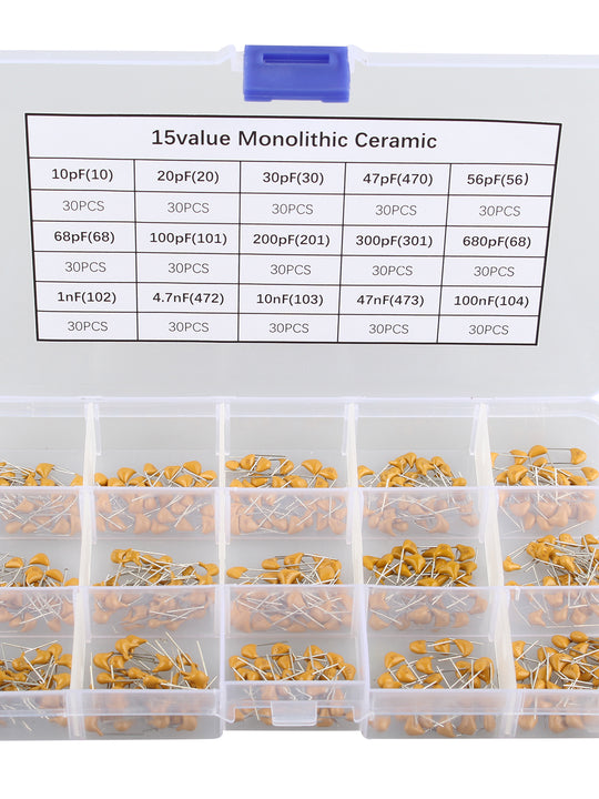 HALJIA 15Value 450pcs Ceramic Capacitor Monolithic Multilayer Ceramic Chip Capacitors Components Assortment Box Kit 10pF/20pF/30pF/47pF/56pF/68pF/100pF/200pF/300pF/680pF/1nF/4.7nF/10nF/47nF/100nF