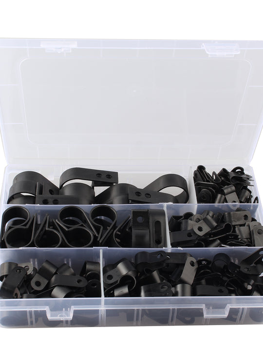 HALJIA 200PCS Nylon P Clips Plastic Wire Cable Clamp Screw Mounting R Type Cable Clamp Car Audio Fastener Plastic Wire Clamp Clips Wire Clips Cable Tie Holder Cord Clip for Cable Management Black