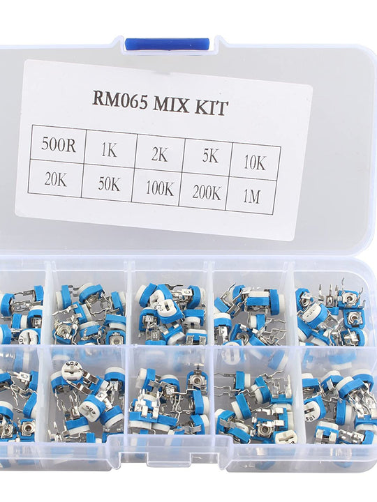 HALJIA 100Pcs 10 Value RM065 6MM Trimmer Potentiometer Assorted Kit Variable Resistor with Plastci Box