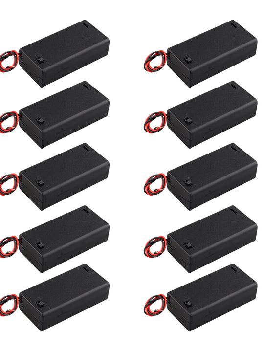 HALJIA 10Pcs 3V AA 2 x 1.5V Battery Holder Case Plastic Battery Storage Box with Case Cover ON/OFF Switch Wire Leads