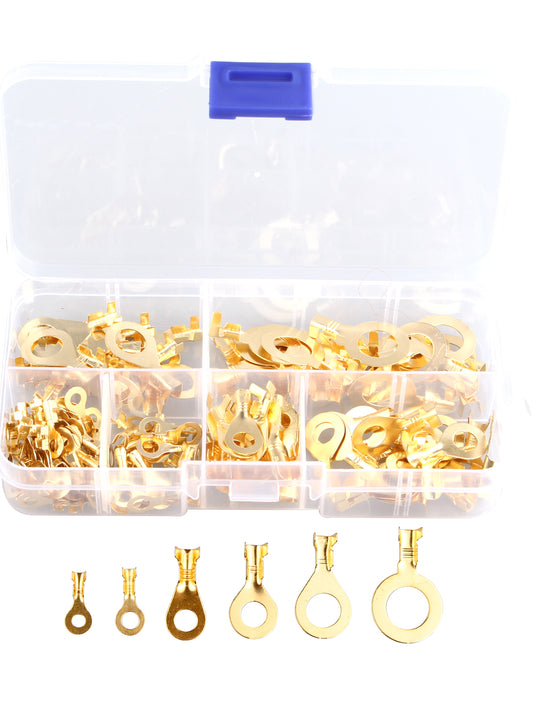 HALJIA 150PCS Assorted Brass Ring Cable Lugs Ring Eyes Copper Crimp Cable Universal Connector Wire Terminals Professional Fire Retardant OT Wire Crimp Connector Assortment M3 M4 M5 M6 M8 M10 Kit Gold