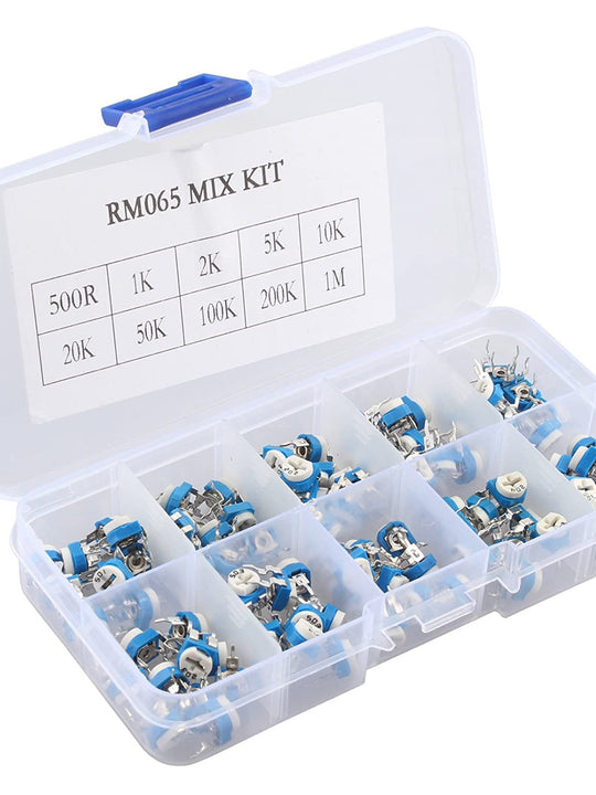 HALJIA 100Pcs 10 Value RM065 6MM Trimmer Potentiometer Assorted Kit Variable Resistor with Plastci Box