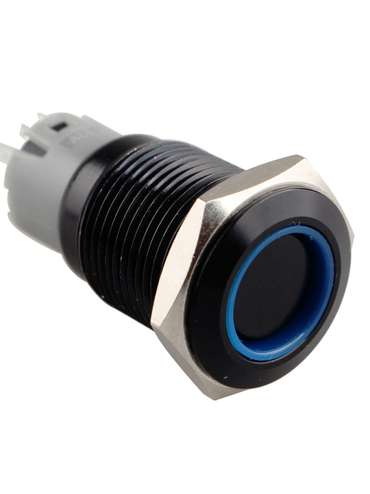 HALJIA 19mm Blue Ring Led Metal Self-Locking Latching Push Button Switch 5A/250AC Industrial Car DIY Non-homing Switch Black