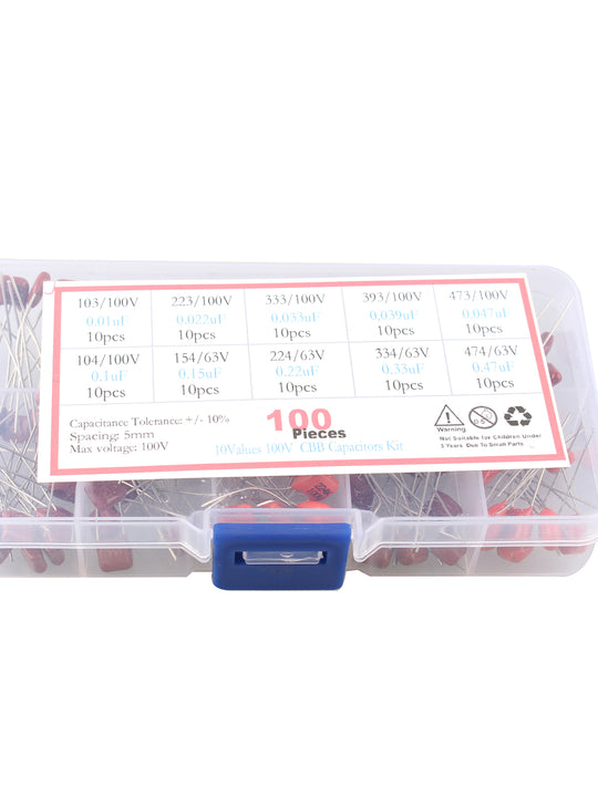 HALJIA 100PCS 10 Values 10nF ~ 470nF CBB Capacitors Polypropylene Film Assortment Kit with Plastic Assortment Box, 10nF 22nF 33nF 39nF 47nF 100nF 150nF 220nF 330nF 470nF